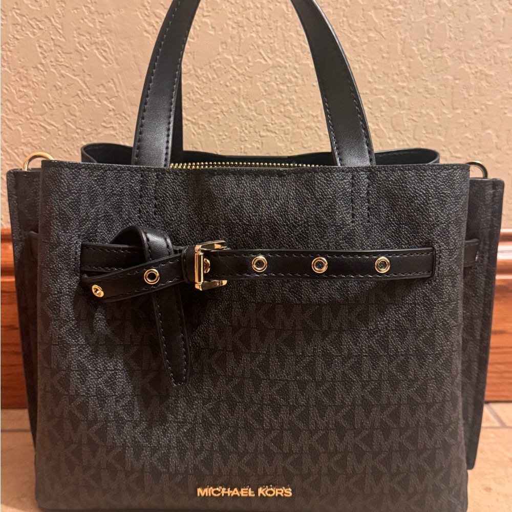 Michael Kors Hamilton Signature MK Logo Satchel Black Gold Hardware